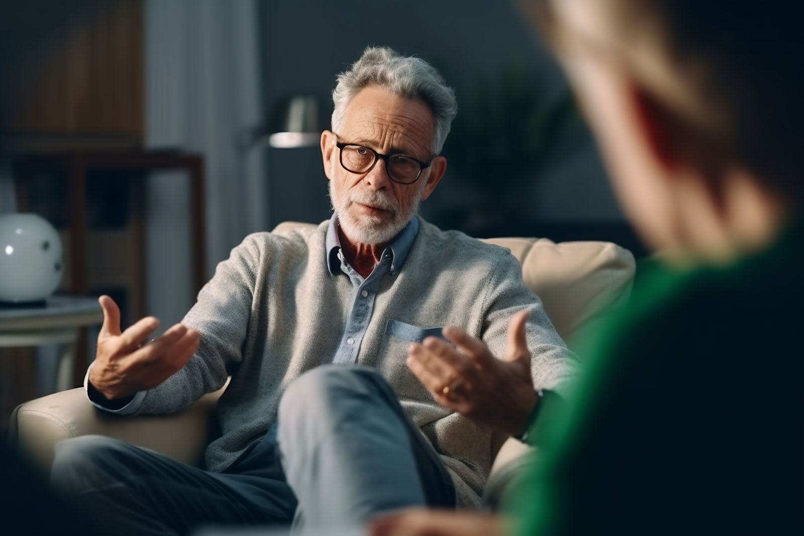 a gentleman sitting on a sofa talking to a psychotherapist